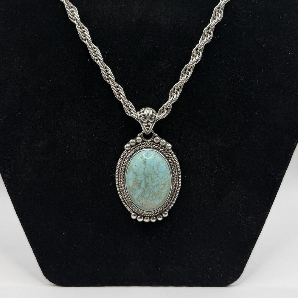 925 Sterling Silver Large Turquoise Pendant Necklace Heavy 18” Chain